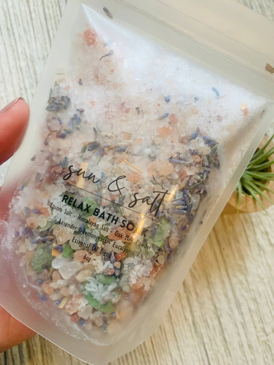 Luxurious bath soak with all natural ingredients.&nbsp;  Ingredient List: - Epsom Salt - Himalayan Salt - Oat Milk - Lavender - Lemongrass - Eucalyptus -Essential Oil Blend  Handmade. Small Batch.&nbsp;  *2-3 Baths per bag.  Net. wt. 6.5 oz  These can be used in a sachet or loose. If used loose- allow tub to completely dry for easier clean-up.