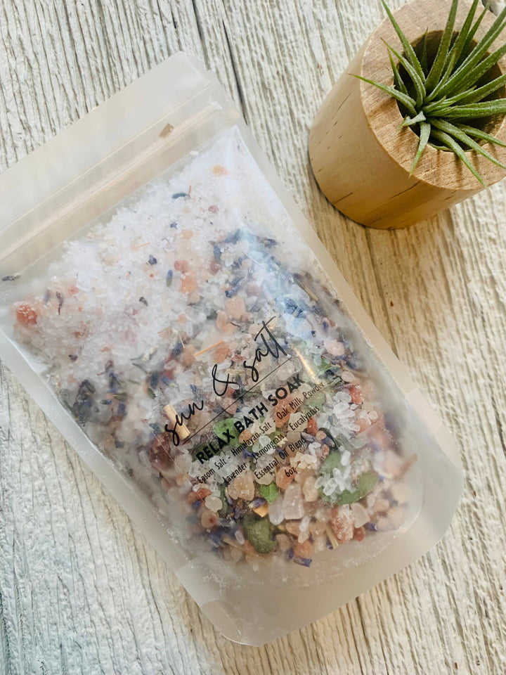 Luxurious bath soak with all natural ingredients.&nbsp;  Ingredient List: - Epsom Salt - Himalayan Salt - Oat Milk - Lavender - Lemongrass - Eucalyptus -Essential Oil Blend  Handmade. Small Batch.&nbsp;  *2-3 Baths per bag.  Net. wt. 6.5 oz  These can be used in a sachet or loose. If used loose- allow tub to completely dry for easier clean-up.