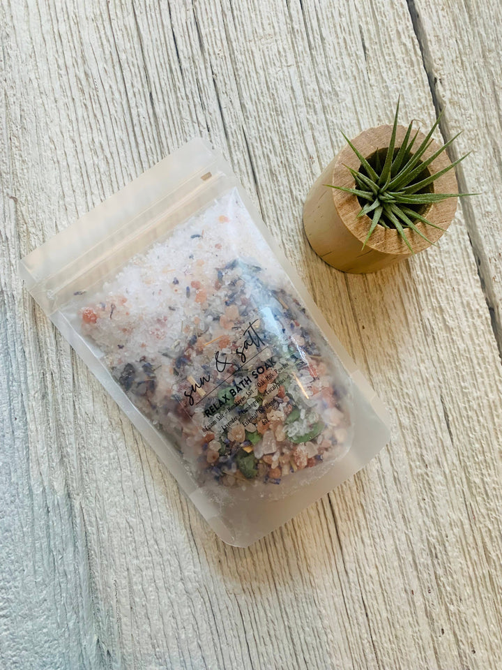 Luxurious bath soak with all natural ingredients.&nbsp;  Ingredient List: - Epsom Salt - Himalayan Salt - Oat Milk - Lavender - Lemongrass - Eucalyptus -Essential Oil Blend  Handmade. Small Batch.&nbsp;  *2-3 Baths per bag.  Net. wt. 6.5 oz  These can be used in a sachet or loose. If used loose- allow tub to completely dry for easier clean-up.