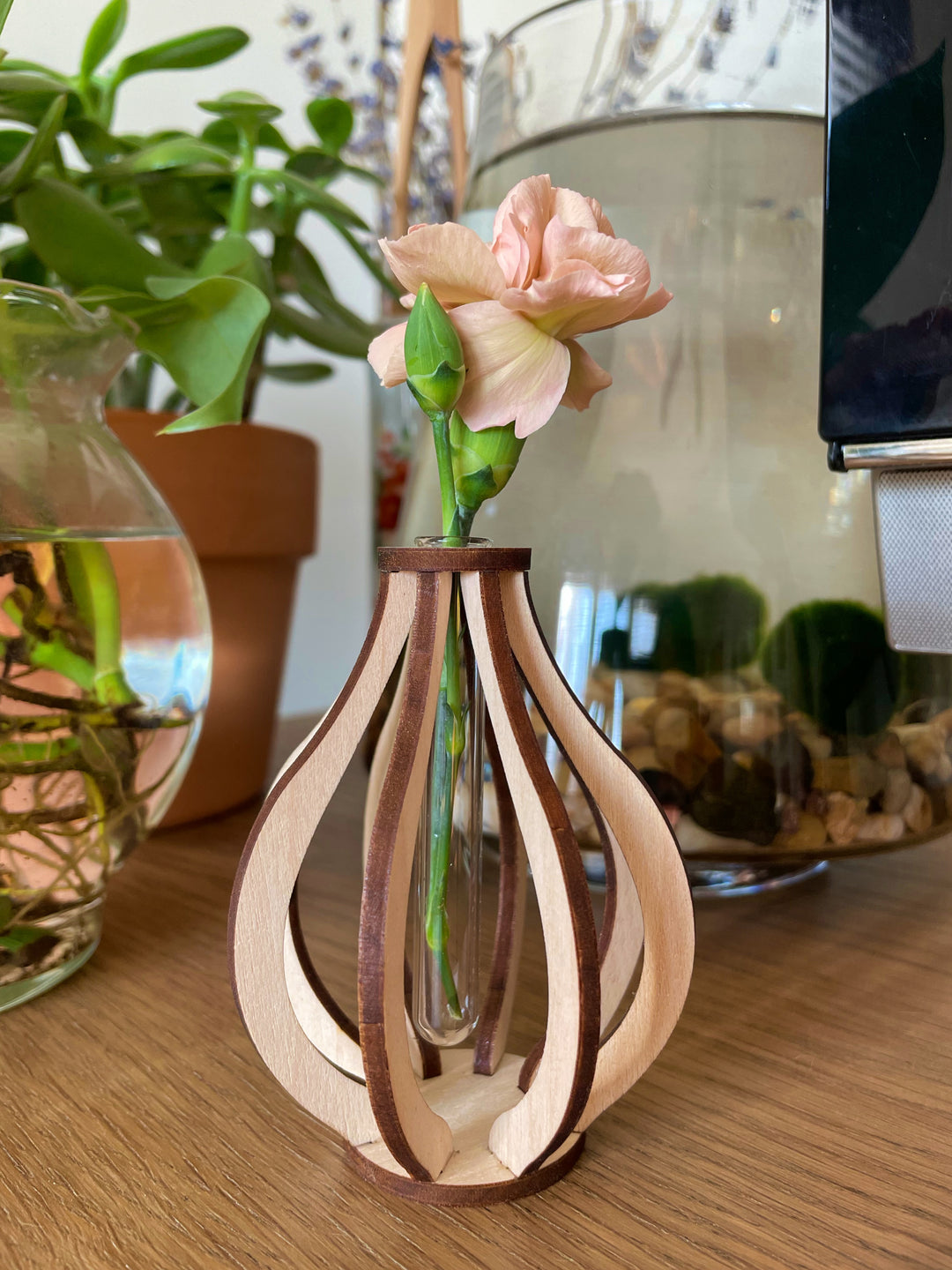 This small wooden bud vase is made from ten pieces of precision cut Baltic birch. At its center is a glass test tube to hold a fresh flower stem, cutting for propagation, or a dried floral bud.  SIZE: 3.5" tall 2.75" wide Mini test tube: 0.4" diameter   *DOES NOT INCLUDE PLANT Explore the best and coolest gift ideas for plant enthusiasts! Terra Cotta Plant Boutique serves the Toledo, Ohio area. Our online retail store ships nationally!